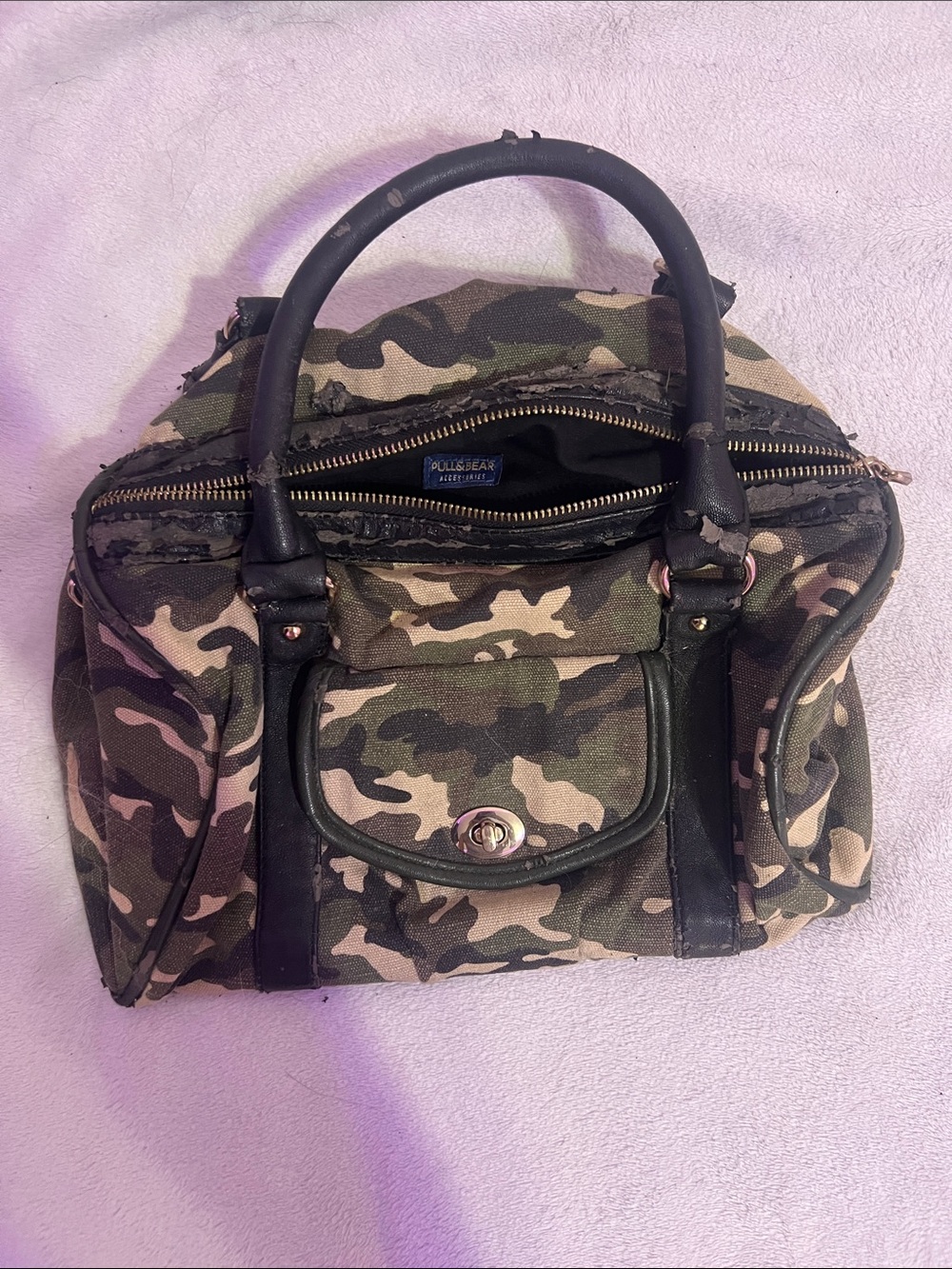 Pull&Bear Camouflage Satchel Bag - Green, Black, Tan